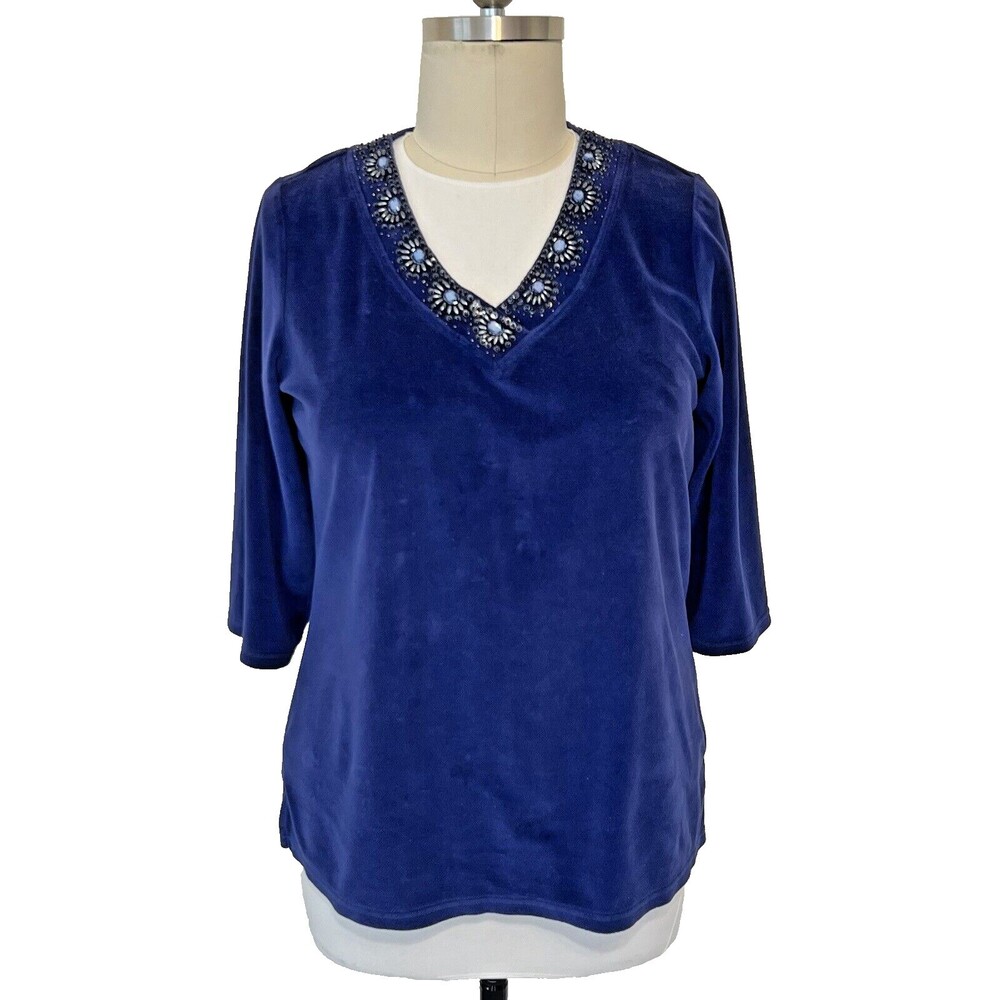 Quacker Factory Tunic Top Womens L Blue Velvet Beaded V-Neck  3/4 Sleeve Stretch